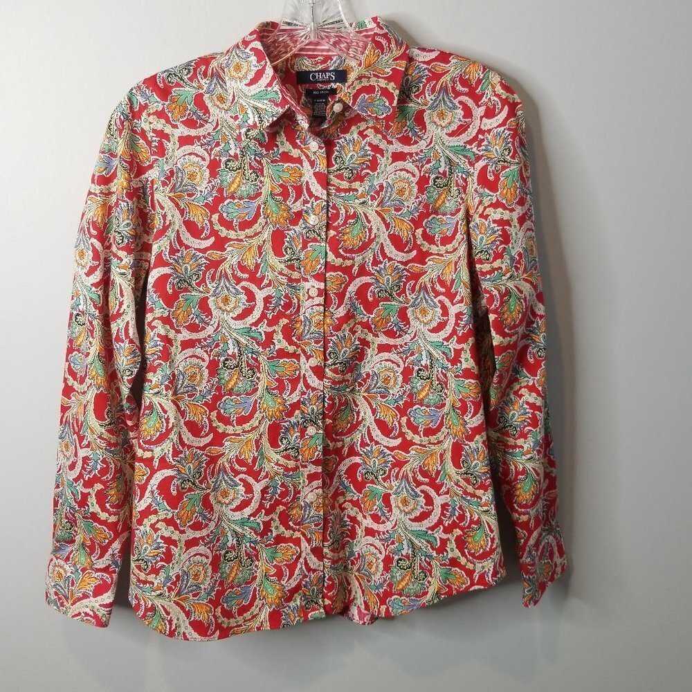 CHAPS no iron 100% cotton bright red floral button down shirt MP